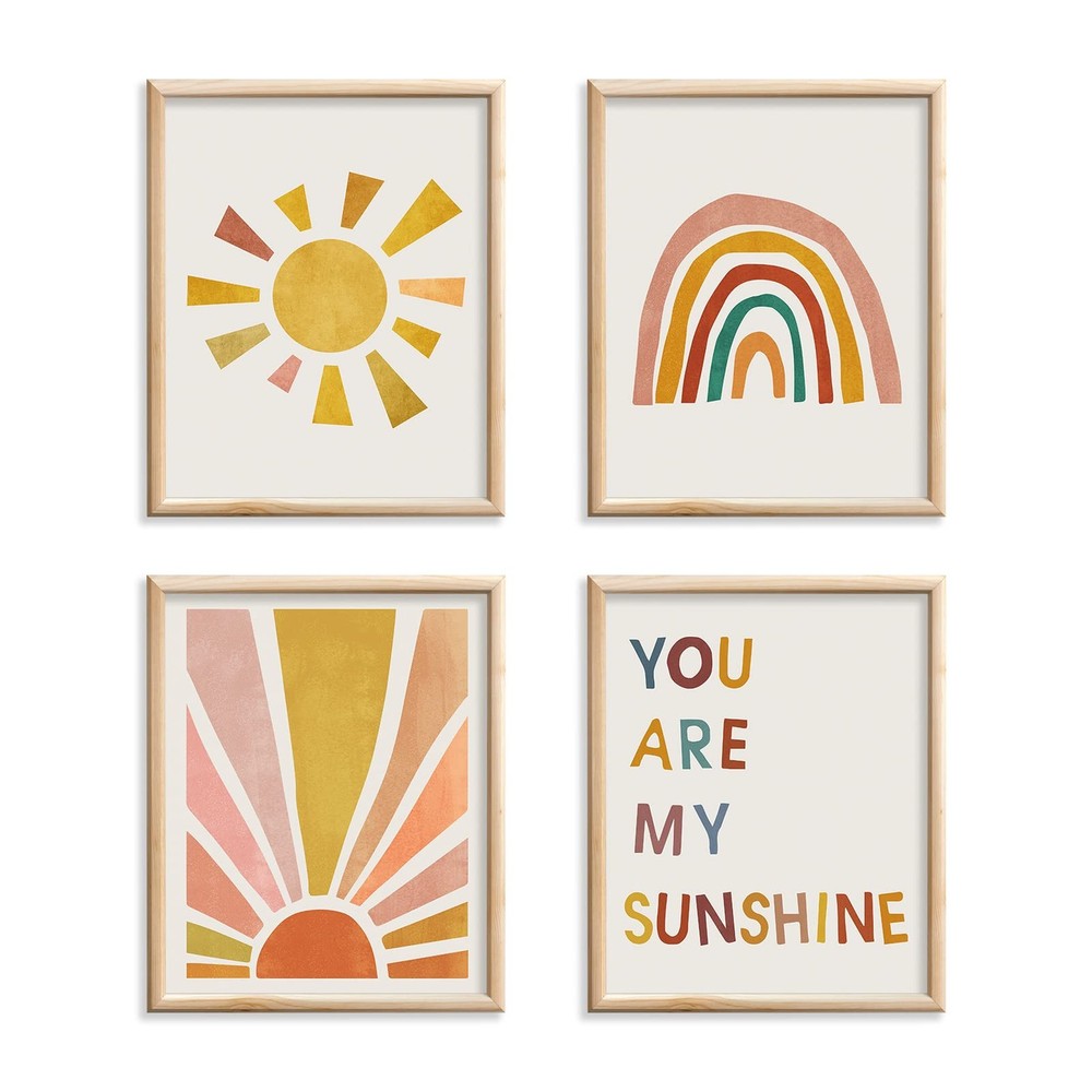 Boho Rainbow Nursery Art Set of 4 – You Are My Sunshine Wall Prints, Kids Roo…