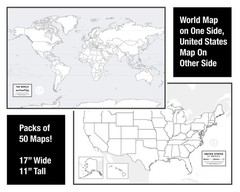 Educational Blank Outline Maps, 2-Sided World & US, 17” x 11”, 50-Pack | Grea…