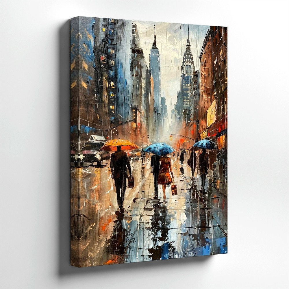 Wall Art Rainy City Street Painting Umbrella Figures Urban Skyline Canvas Poster