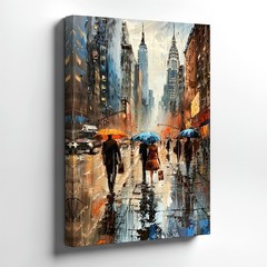 Wall Art Rainy City Street Painting Umbrella Figures Urban Skyline Canvas Poster