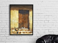 Cat lying in doorway Sacred Valley, Peru. Watercolor painting (fine art print).
