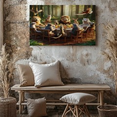Wildlife Gathering Canvas Wall Art Forest Animals Dining Table Nature Print