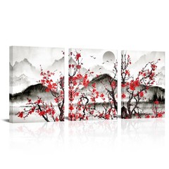 Red Plum Blossom Wall Art 3 Piece Flowers Tree with Mountain Lake Sunrise Pai…
