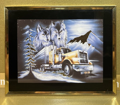 1980s Foil Art Wolves Semi Truck “Ghost Truck / Wolf Heaven” Framed Vintage 🚛
