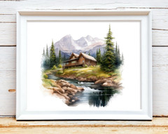 Mountain Wall Art Print, Forest Cabin Wall Art Decor, Woodland Home Decor