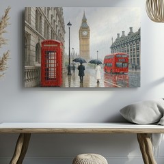 London rainy street scene canvas wall art red telephone booth double decker bus