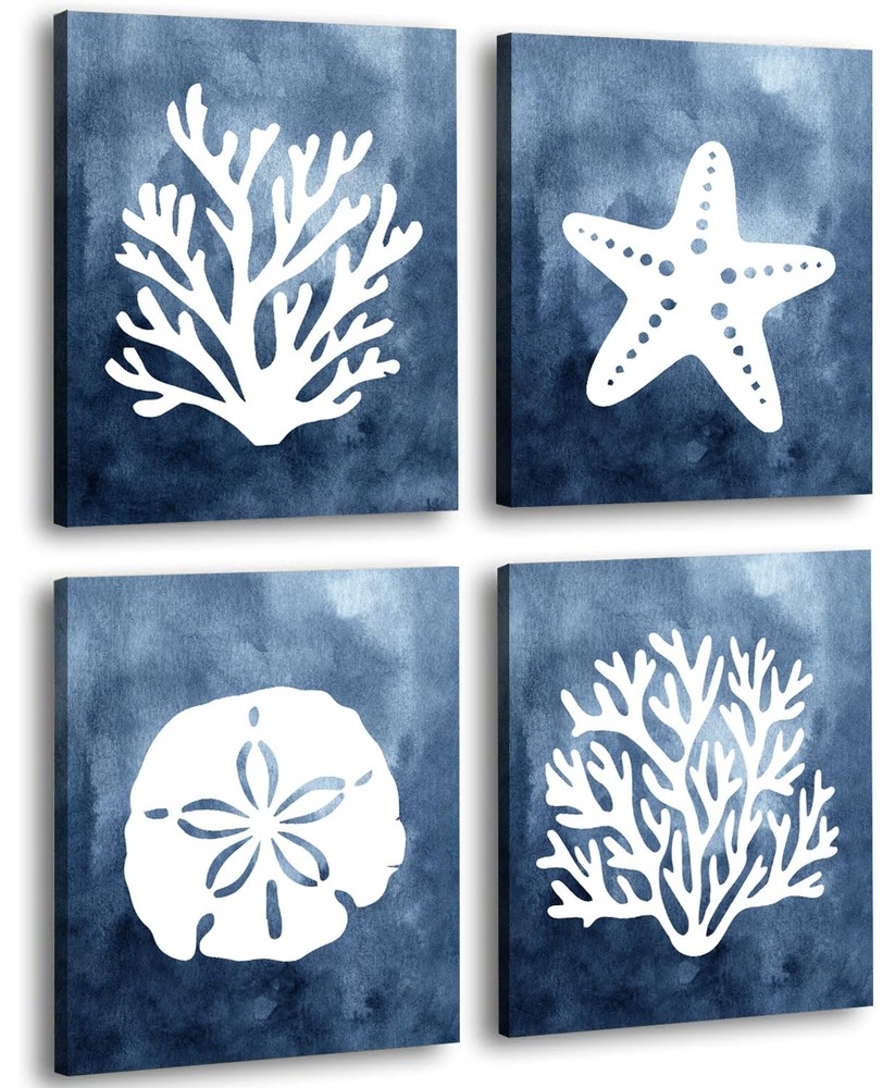 Sea Coral Starfish Sand Wall Art, Set of 4 Framed Canvas Prints, 8×10 Inch Co…