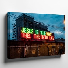 Vibrant Urban Scene At Dusk Featuring A Large, Colorful Neon Wall Art Home Decor