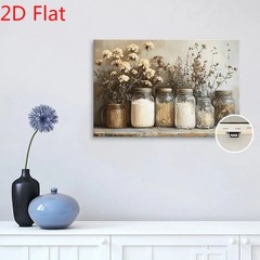 Mason Jar Dried Flower Vintage Canvas Art, Neutral Farmhouse Kitchen Wall Decor
