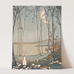 Mushrooms in the Moonlight The New Moon Bunny Rabbit Wall Art Poster Print