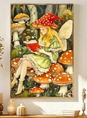 Whimsical Fantasy Enchanted Forest Mushroom Fairy Reading Book Canvas Art Print