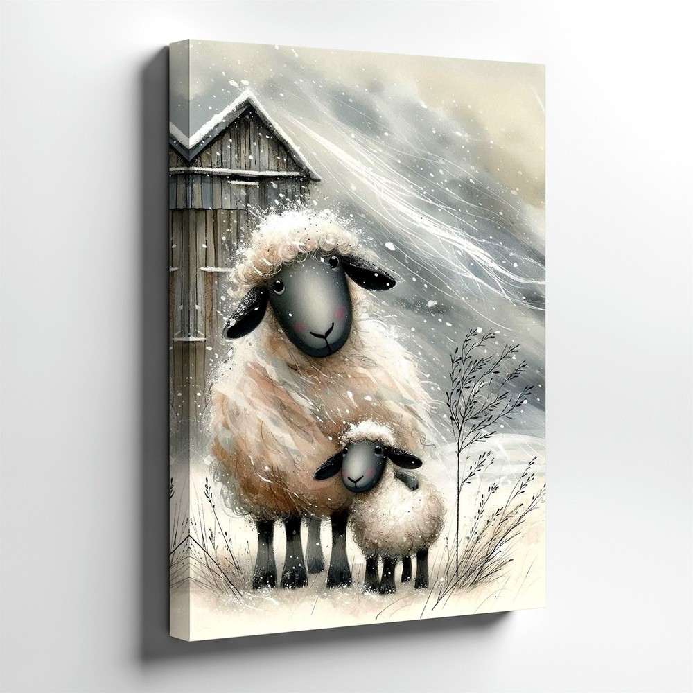 Wall Art Winter Sheep Lamb Canvas Print Rustic Farmhouse Animal Painting Decor