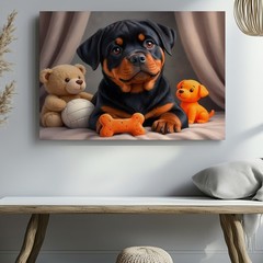 Adorable Rottweiler Puppy with Toys Canvas Wall Art Dog Print for Home Decor