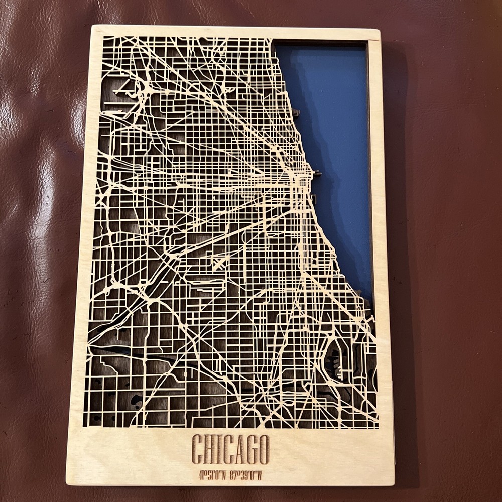 Chicago Enjoy The Wood 3D Wall Decor Woodcut Map 11.75” X 7.75” NEW