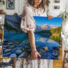 Mountain Lake Landscape Canvas Wall Art with Clear Water Reflection Nature Print