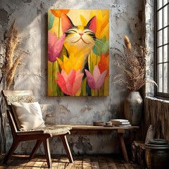 Wall Art Smiling Cat Among Tulips Canvas Print Colorful Floral Animal Decor