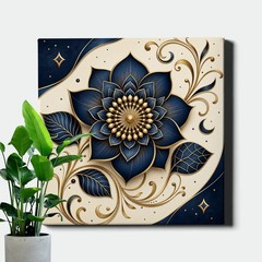 Navy Gold Floral Wall Art Ornamental Flower Pattern Elegant Decor