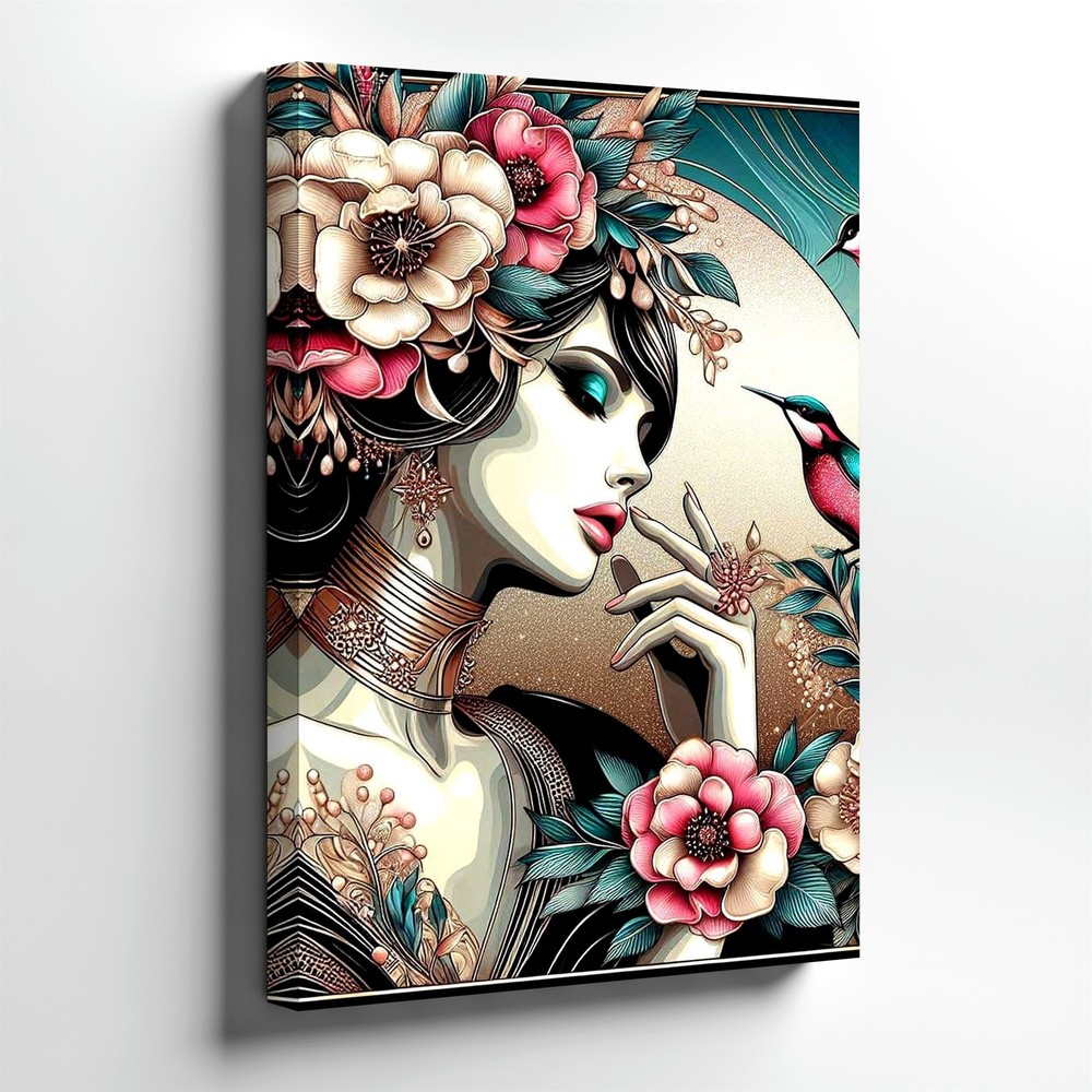 Wall Art Art Nouveau Woman Floral Portrait with Hummingbirds Decorative Print