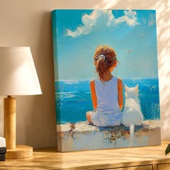 Wall Art Girl and White Cat Ocean View Canvas Print Coastal Blue Sky Painting