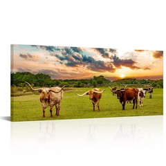 Texas Animal Canvas Wall Art Longhorn Canvas Pictures Highland Cattle in Sunset