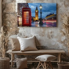 London Night Scene Canvas Wall Art Featuring Iconic Red Telephone Booth and