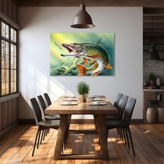 Northern Pike Fishing Painting Print on Framed Canvas Wall Art Fisherman Gift