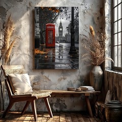 London Street Red Telephone Booth Clock Tower Rainy City Wall Art Poster Print