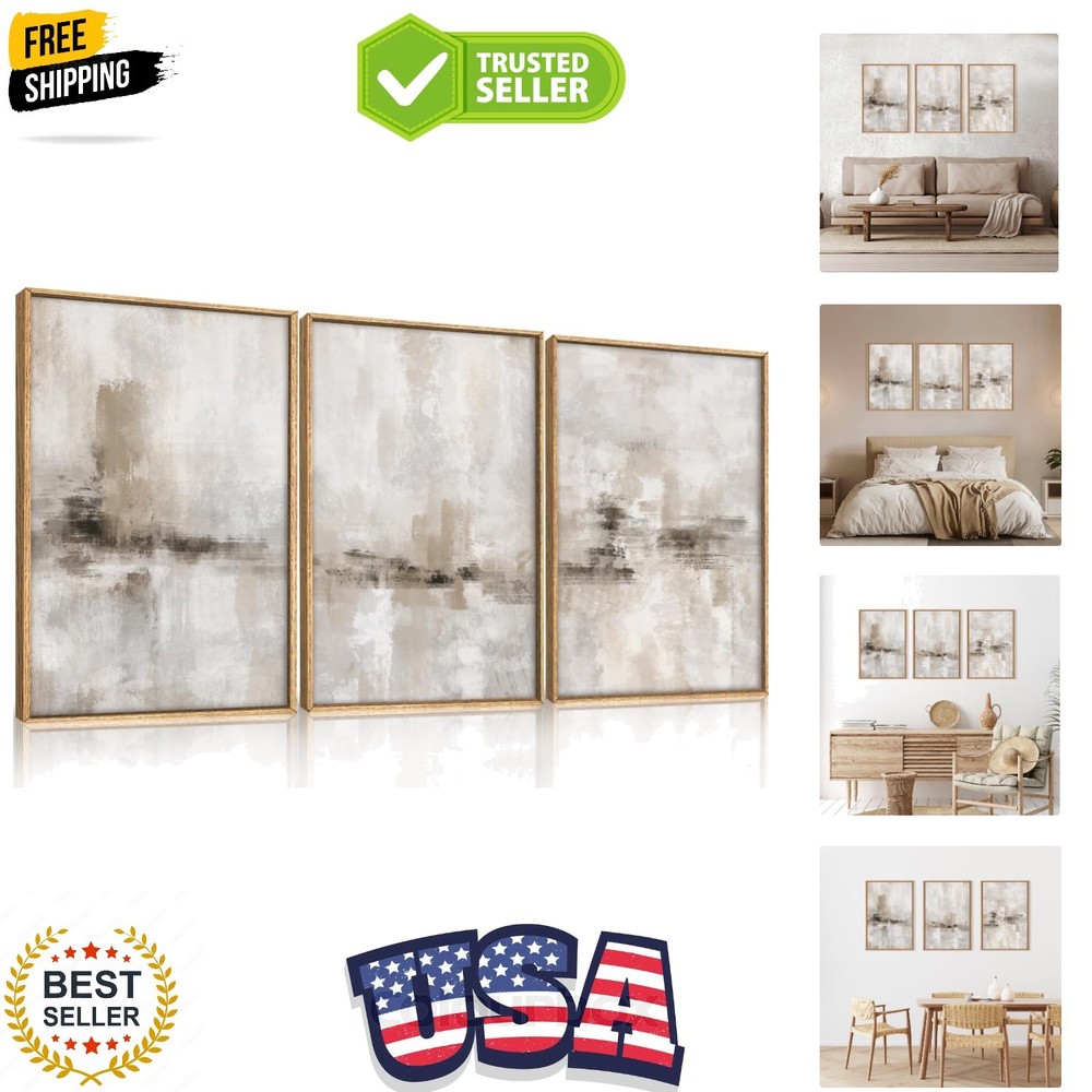 Large Minimalist Textured Framed Canvas Wall Art Set, Neutral Abstract Wall D…