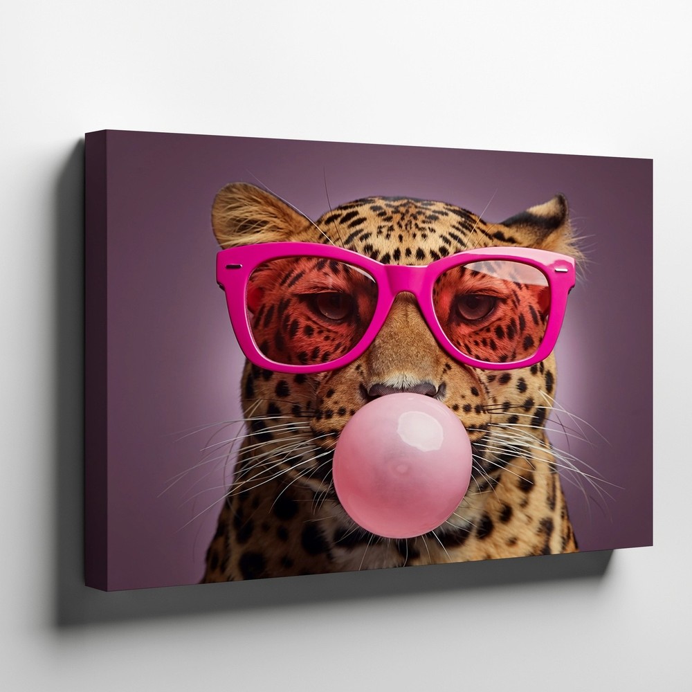 Leopard with Pink Sunglasses Blowing Bubblegum Canvas Wall Art Animal Decor
