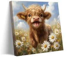 Highland Cow Baby Daisies Canvas Wall Art, 12x12in
