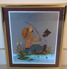 2 Holographic Boy Flying Kite Fishing Pictures 8″x10” Metallic Foil Print Vtg