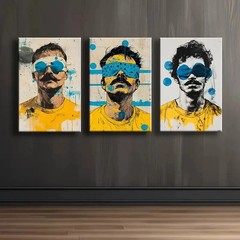3pcs Old Man In Yellow T-Shirt Portrait Wall Art Canvas Framed 50x70cm