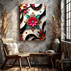 Wall Art Abstract Floral Heart Design Black Gold Pink Teal 3D Canvas Print Decor