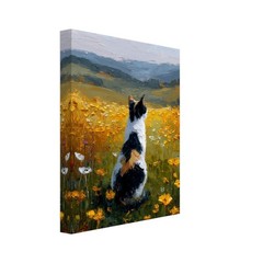 Calico Cat Canvas Wall Art, Rustic Wildflower Oil Painting Decor