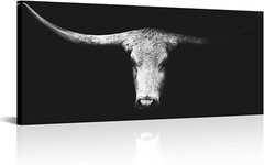 Large Longhorn Cow Canvas Art – Black & White Western Decor 20″x48