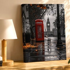 London Street Red Telephone Booth Clock Tower Rainy City Wall Art Poster Print