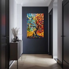Multicolor Tree Painting on Framed Canvas Wall Art Colorful Impasto Oil Painting