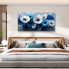 Blue and White Flower Canvas Wall Art Canvas Painting Poster,DIY Framed 24″x48″