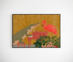 Whimsical Crocodile & Flamingo Poster Animal Art Print Music Room Decor