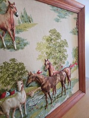 Vintage Framed Fabric Picture 3D Stuffed Puffy Horses In Pasture Scene 18″x 22″