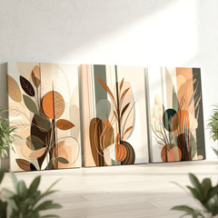 3 Pieces Abstract Botanical Earth Tones Large Wall Art Set for Living Set Of 3