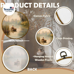 Vintage Fishing round Wall Art, Fisherman in Rowboat Sunset Landscape Framed Han