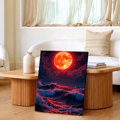 Wall Art Red Full Moon Ocean Waves Night Sky Seascape Canvas Print Modern Decor