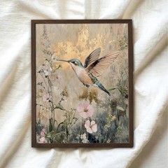 Vintage Floral Framed Wall Art, Hummingbird Gold Foil Style Canvas Prints for…