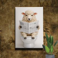 Funny surreal sheep on toilet Poster Print reading newspaper minimal style