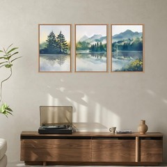 Large Green Mountain Framed Canvas Wall Art Set, Nature Foggy Forest Lake Ref…