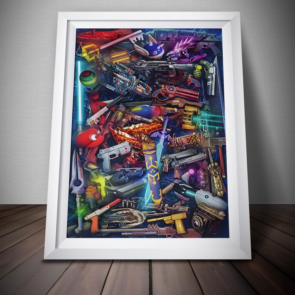 Epic Game Weapons Collage Poster, Arcade Gaming Wall Art Decor