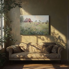 Red Barn Cattle Field Farm Cows Painting Print, Framed Canvas Wall Art Farmhouse