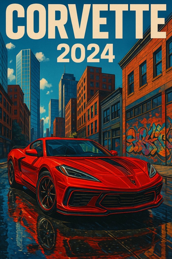 2024 Corvette on city street Stingray Red POSTER 24 X 36 INCH