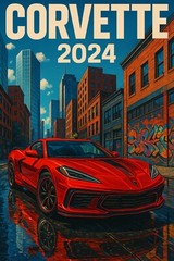 2024 Corvette on city street Stingray Red POSTER 24 X 36 INCH